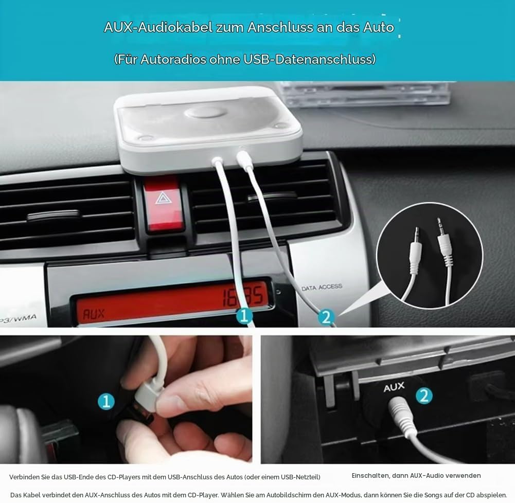 Externer Universal-CD-Player Fürs Auto - Tragbarer CD-Player mit AUX-Kabel, Wird in Den USB-Anschlus