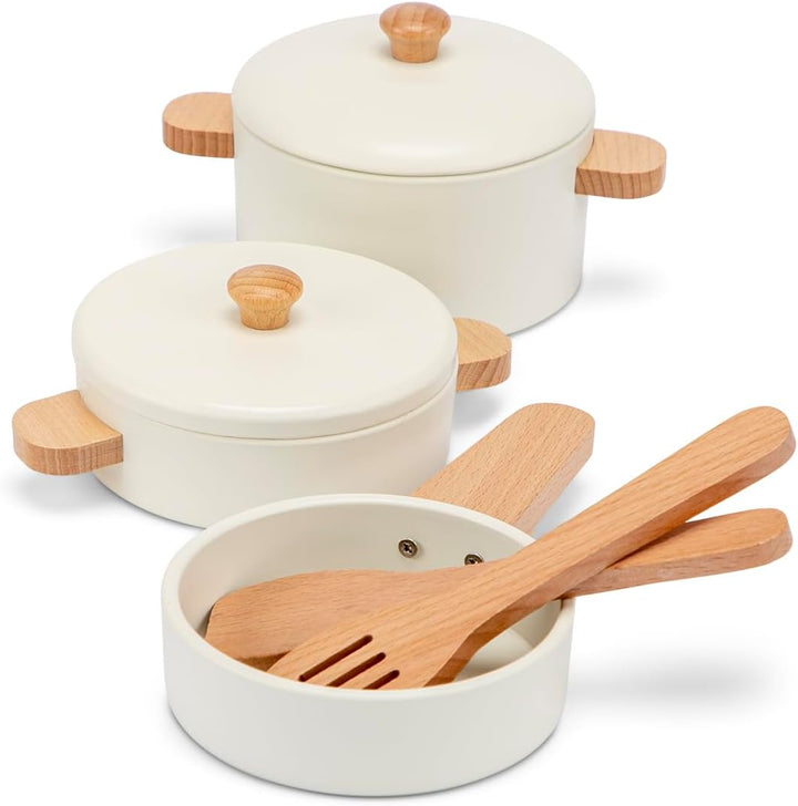 Woet® Holzspielzeug Töpfe und Pfannen Set für Kleinkinder – Spielzeug Küchenset Weiss 7 Teile – Küch
