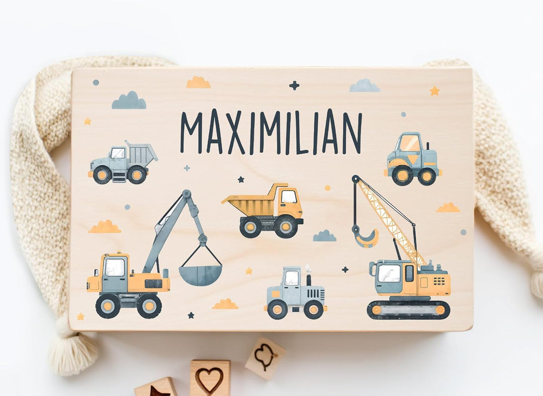 Little Deco Personalisierte Baby Erinnerungskiste mit Bagger | L - 40 x 30 x 22 cm - Design 5 | Holz