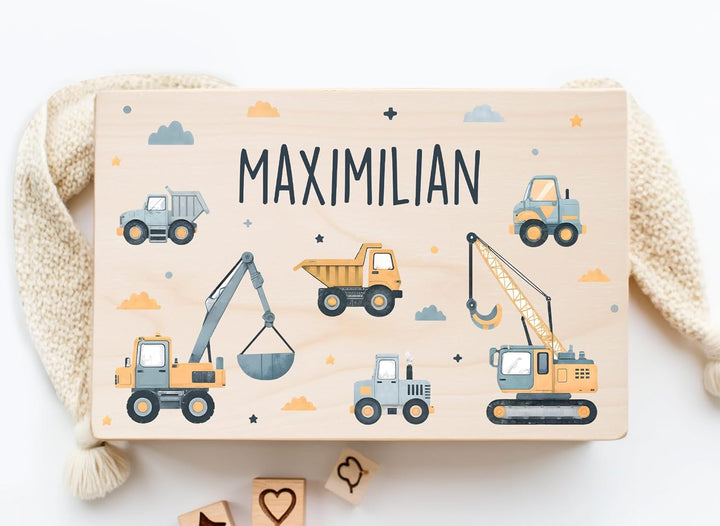 Little Deco Personalisierte Baby Erinnerungskiste mit Bagger | L - 40 x 30 x 22 cm - Design 5 | Holz