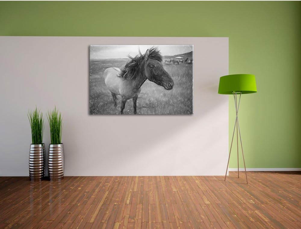 Isländer Pferde in der Wildnis Kunst Buntstift Effekt, Format: 100x70 auf Leinwand, XXL riesige Bild