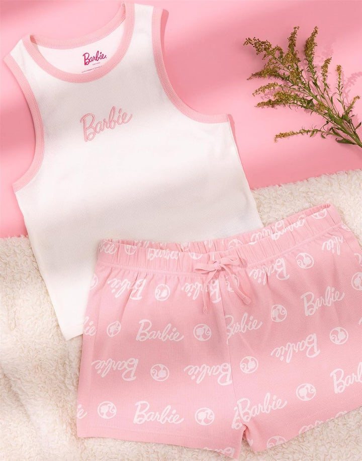 Barbie Damen Kurzer Pyjama | Damen Puppenlogo gerippte weisse Weste mit rosa elastischen Shorts Klei