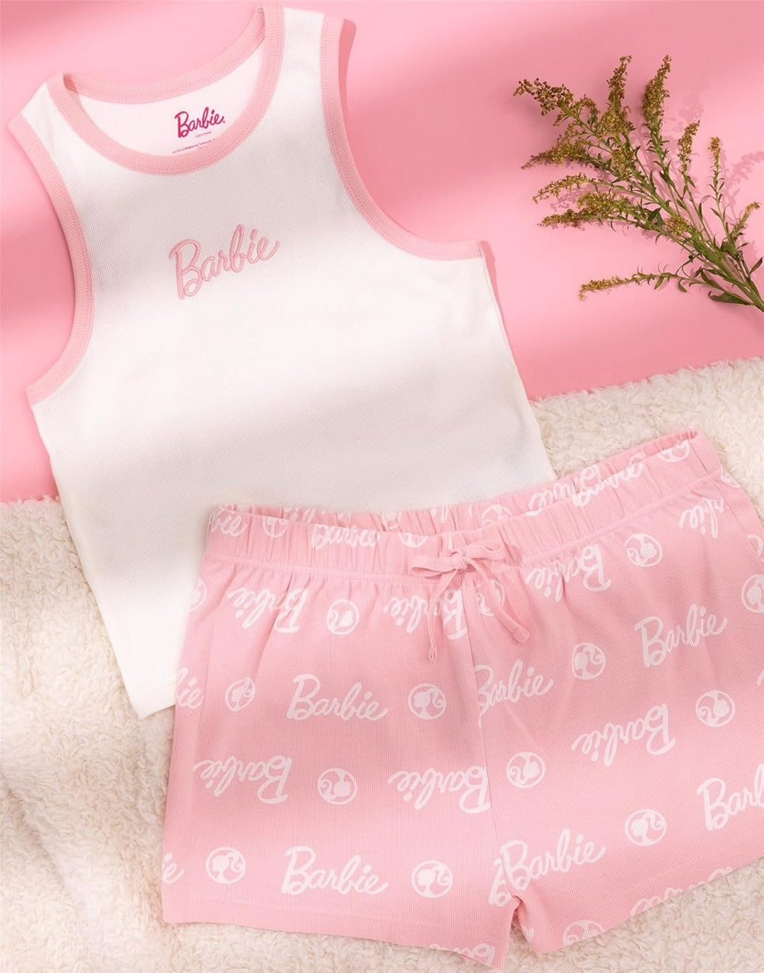 Barbie Damen Kurzer Pyjama | Damen Puppenlogo gerippte weisse Weste mit rosa elastischen Shorts Klei