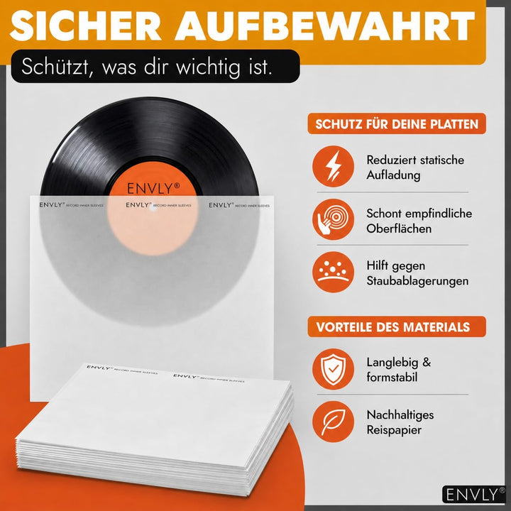 ENVLY® Schallplatten Innenhüllen (50 Stück) | Reispapier | antistatisch (12")