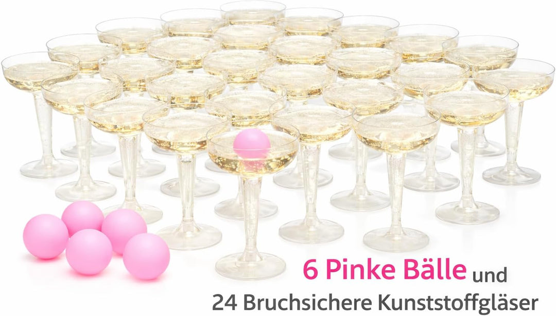 Mega Prosecco Pong XXL 24 Gläser + 6 Bälle – Trinkspiel für Erwachsene – JGA Party, Geburtstag, Fest