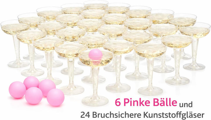 Mega Prosecco Pong XXL 24 Gläser + 6 Bälle – Trinkspiel für Erwachsene – JGA Party, Geburtstag, Fest