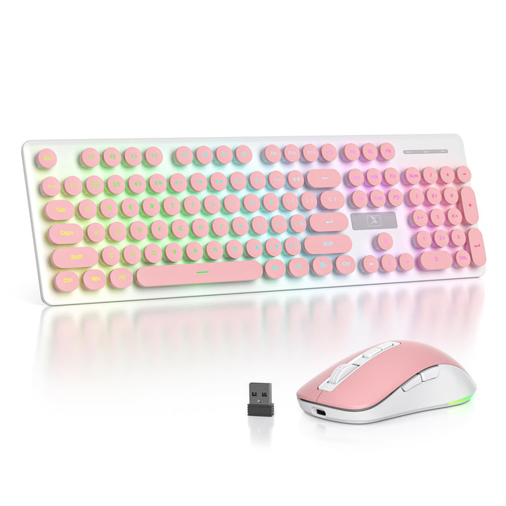SOLIDEE Beleuchtetes Kabellose Tastatur und Maus Set, 2.4 GHz Wiederaufladbar, Rosa Retro Schreibmas