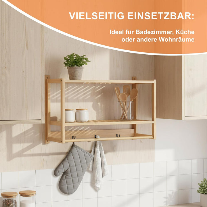 Relaxdays Wandregal Bad, HxBxT: 40 x 60 x 23,5 cm, Bambus, Handtuchstange, 3 Haken, Hängeregal Badez