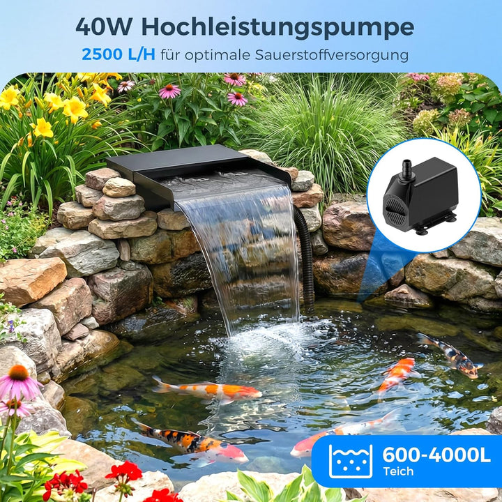 Biling 30cm 2500l/h Wasserfall Teich mit Filter für Gartenteiche bis 5000L | Edelstahl-Wasserfall fü