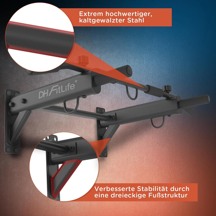 DH FitLife 4in1 Klimmzugstange Wand zur Wandmontage mit Spreizdübel, Multifunktionale Pull-Up Bar fü