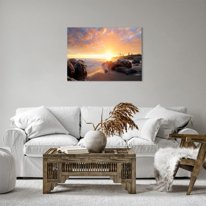 Bilder auf Leinwand Meer Strand Felsen Leinwandbild mit Rahmen 70x50cm Wandbilder Dekoration Wohnzim