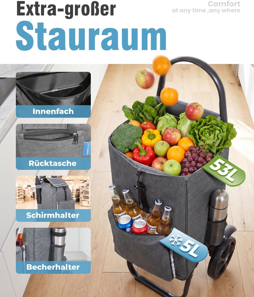 Homecall Einkaufstrolley Klappbar Einkaufswagen mit 50L + 5L kühlfunktion Bis 50KG, Einkaufstasche m