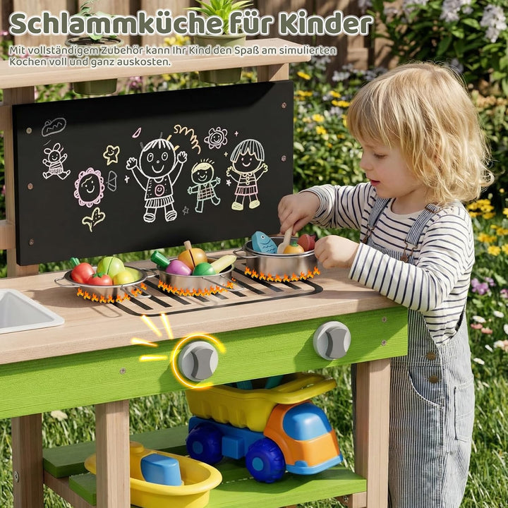 MAMIZO Matschküche Kinder Outdoor aus Holz, Tannenholz, mit Rädern Wassertank Spüle Wasserhahn Pflan