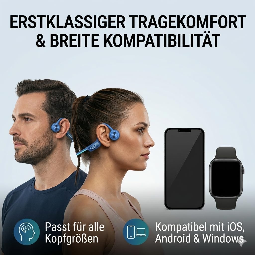 Knochenschall Kopfhörer Schwimmen IP68 Wasserdicht, 32GB Speicher MP3-Player & Bluetooth 5.4, Open E