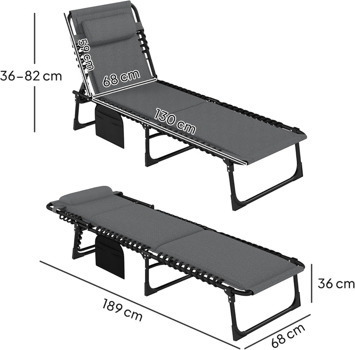Outsunny Sonnenliege klappbar Gartenliege mit Kopfkissen Seitentasche, Polstert Liegestuhl mit 5-Fac