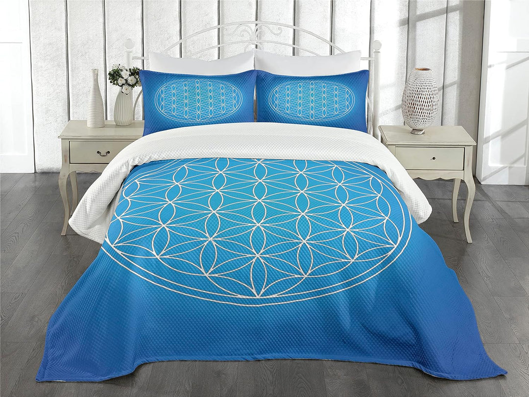 ABAKUHAUS Blau Tagesdecke Set, Blume des Lebens, Set mit Kissenbezügen Sommerdecke, für Einzelbetten