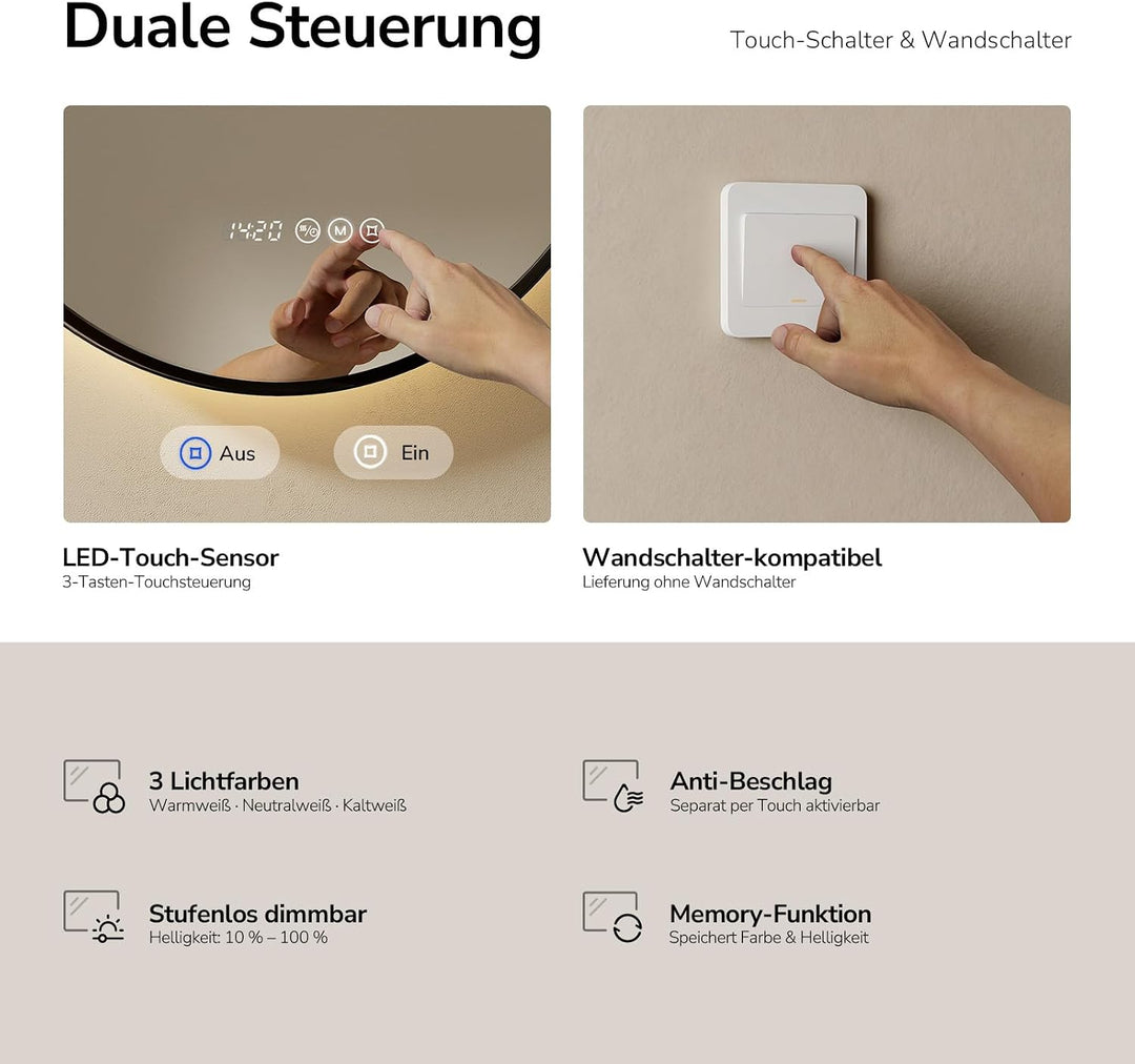 EMKE LED Badspiegel Rund ф80cm Spiegel mit Beleuchtung Runder Badspiegel Schwarzer mit Touch, Antibe