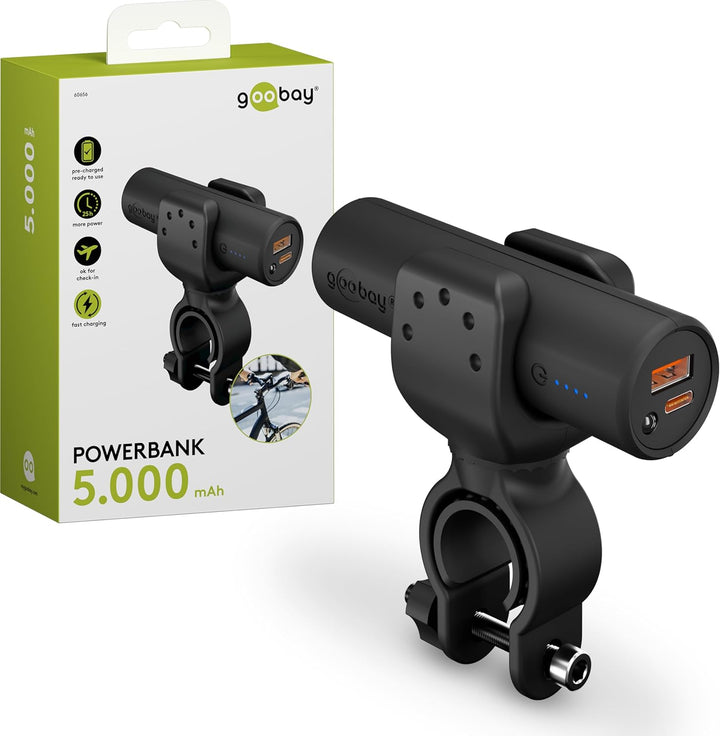 Goobay 60656 Bike Powerbank 5.0 5000 mAh inkl. verstärkter Halterung für Fahrradlenker/Powerbank für