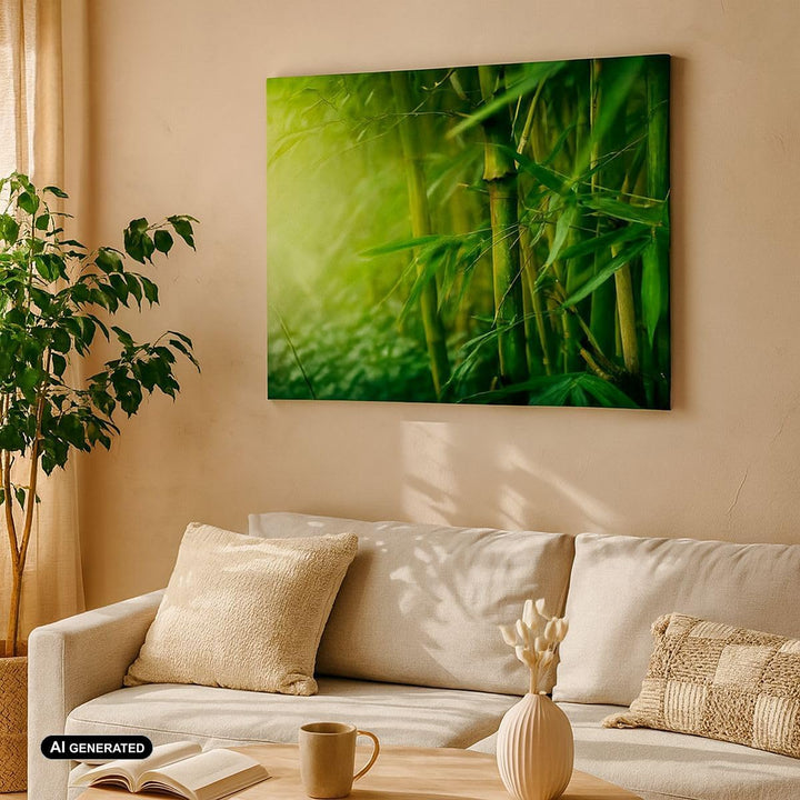 Bilder auf Leinwand 100x70cm Leinwandbild mit Rahmen Bambus Pflanze Gross Wanddeko Bild Schlafzimmer
