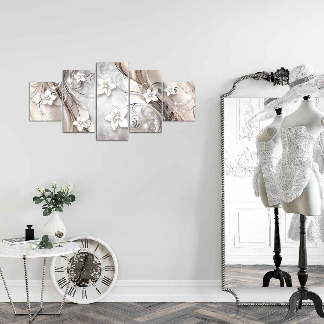 Runa Art Wandbilder Abstrakt Blumen 5 Teilig Bild auf Vlies Leinwand Deko Wohnzimmer Vintage Beige B