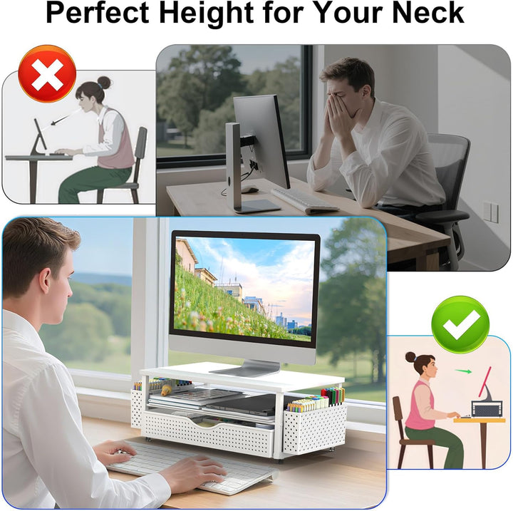 Monitorständer mit Schublade, Schreibtischorganizer und Zubehör, 2-stufiger Computer Monitor Erhöhun