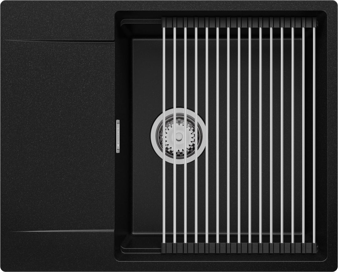 Spülbecken Schwarz 62x50 cm, Granitspüle + Ablauf-Set + Aufrollbare Abtropffläche, Küchenspüle für 5