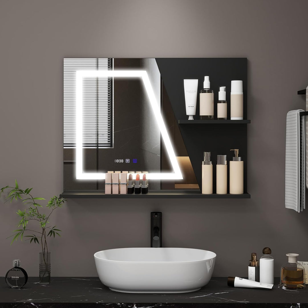 YU YUSING Badspiegel mit Beleuchtung 80x60cm, LED Badezimmerspiegel Mit Uhr | Beschlagfrei, Touch-Sc