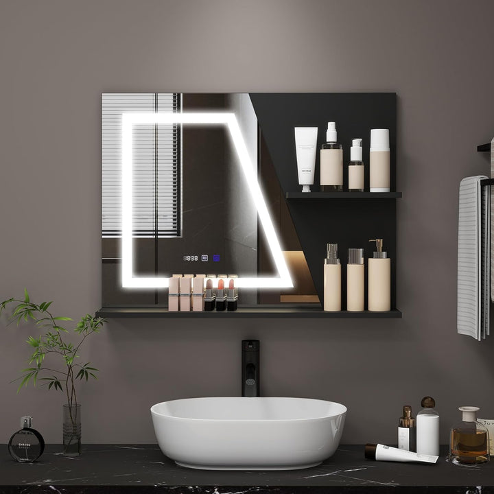 YU YUSING Badspiegel mit Beleuchtung 80x60cm, LED Badezimmerspiegel Mit Uhr | Beschlagfrei, Touch-Sc