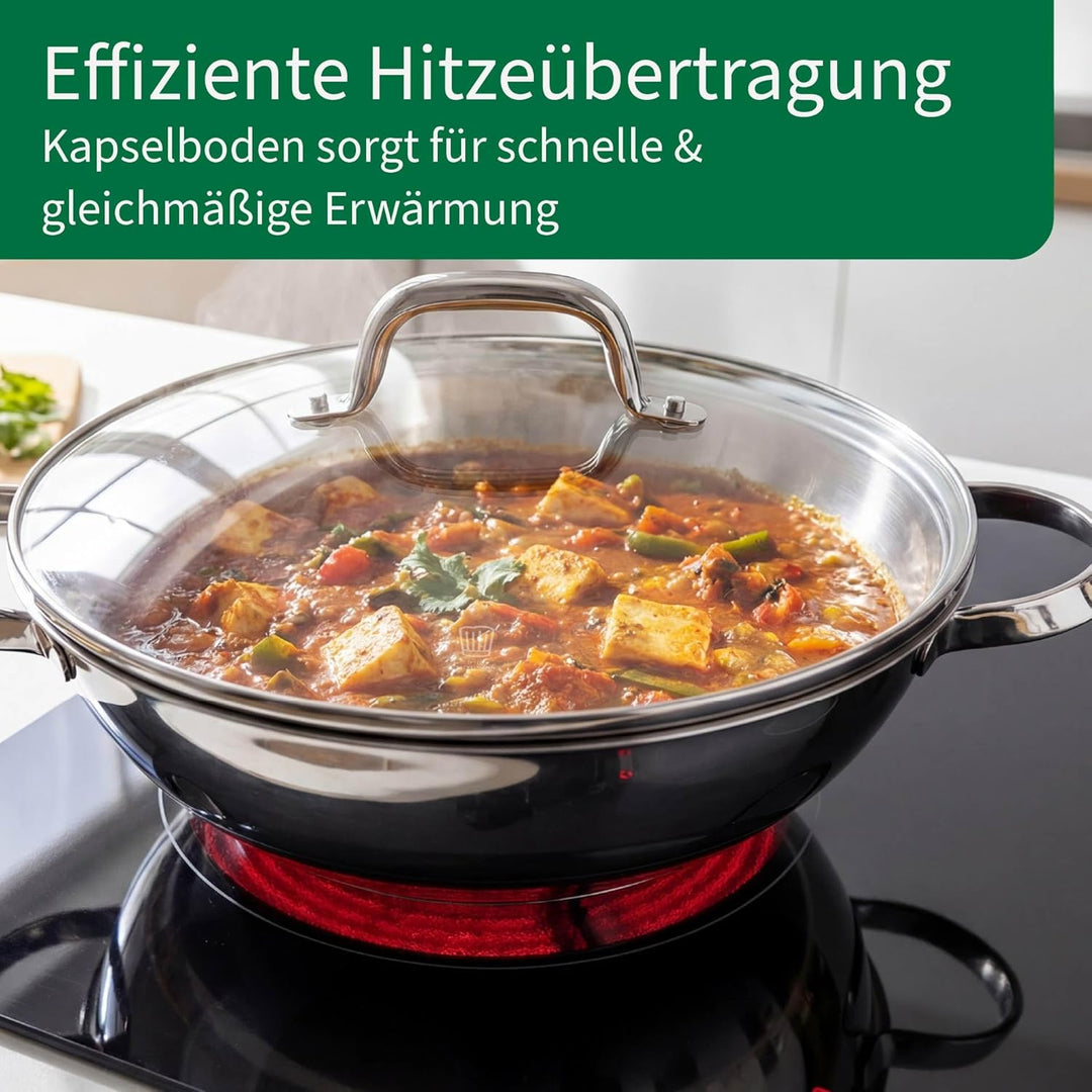 FACKELMANN Chefkoch trifft Wokpfanne Rosenheim – Ø30 cm, Glasdeckel inkl. Dampföffnung und Aluminium