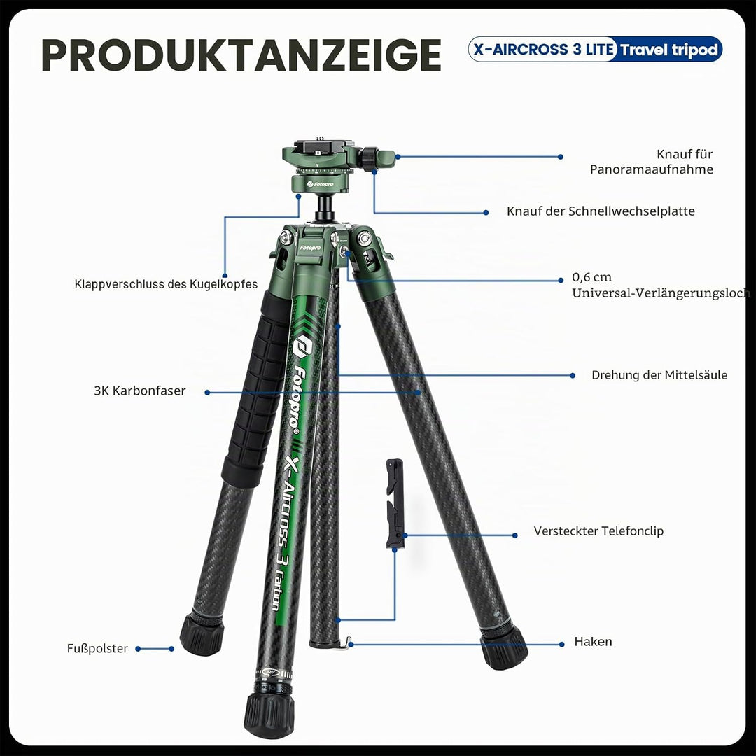 Fotopro Kohlefaser-Stativ 130 cm 360 Grad Kugelkopf, Schnellwechselplatte, leichtes Kamerastativ für