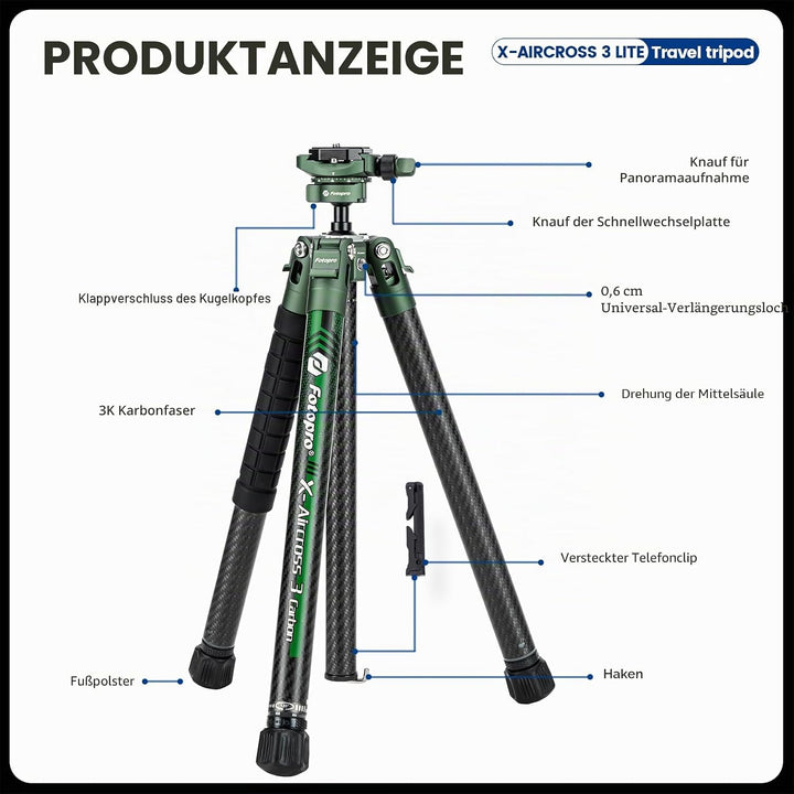 Fotopro Kohlefaser-Stativ 130 cm 360 Grad Kugelkopf, Schnellwechselplatte, leichtes Kamerastativ für