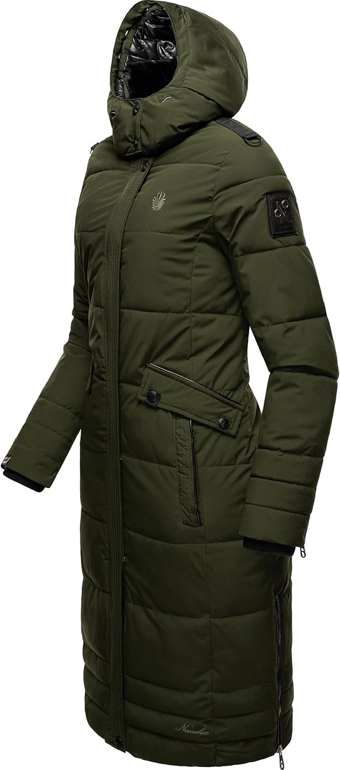Navahoo Damen Wintermantel Warmer Steppmantel lang mit Abnehmbarer Kapuze Fahmiyaa XS-3XL S Olive, S