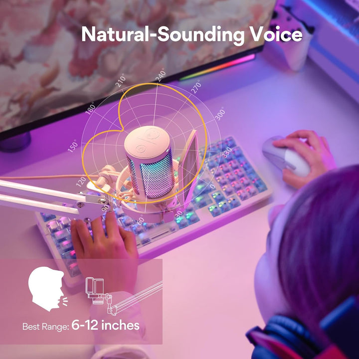 MAONO Gaming Mikrofon Rosa mit Geräuschunterdrückung, Computer PC Kondensatormikrofon mit RGB-Licht,