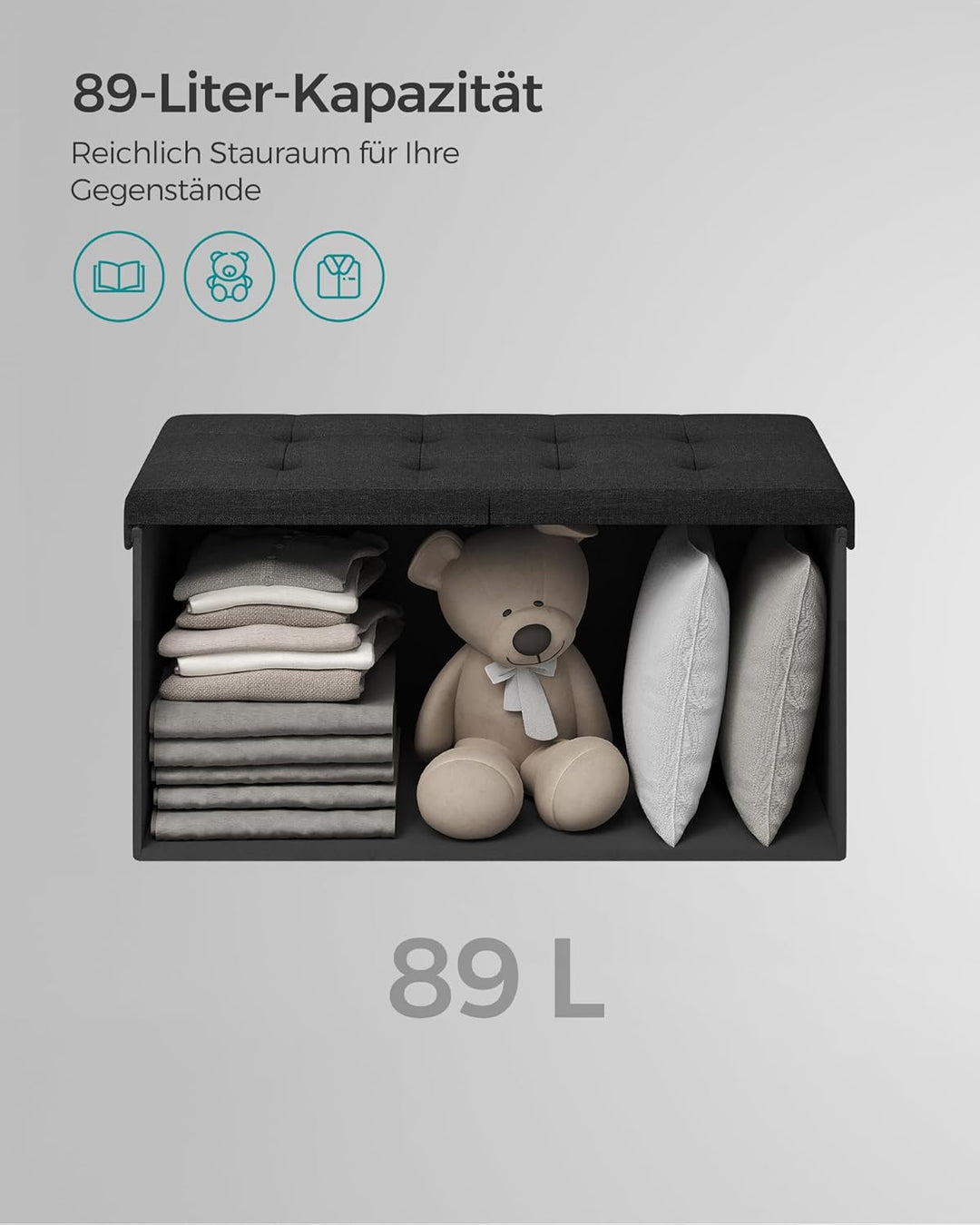 SONGMICS Sitzbank mit Stauraum, klappbare Sitztruhe, Aufbewahrungsbox, 38 x 76 x 38 cm, Deckel klapp