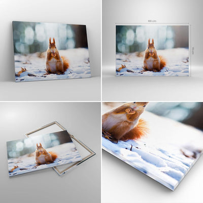 Bilder auf Leinwand 100x70cm Leinwandbild Eichhörnchen Winter Schnee Essen Gross Wanddeko Bild Schla