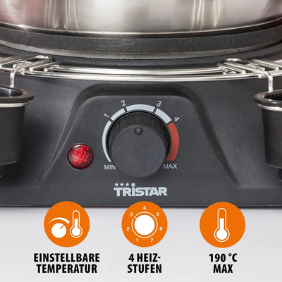 Tristar FO-1109 Fondue 1400W 8 Fonduegabeln Schwarz, Edelstahl mit, mit Saucenring