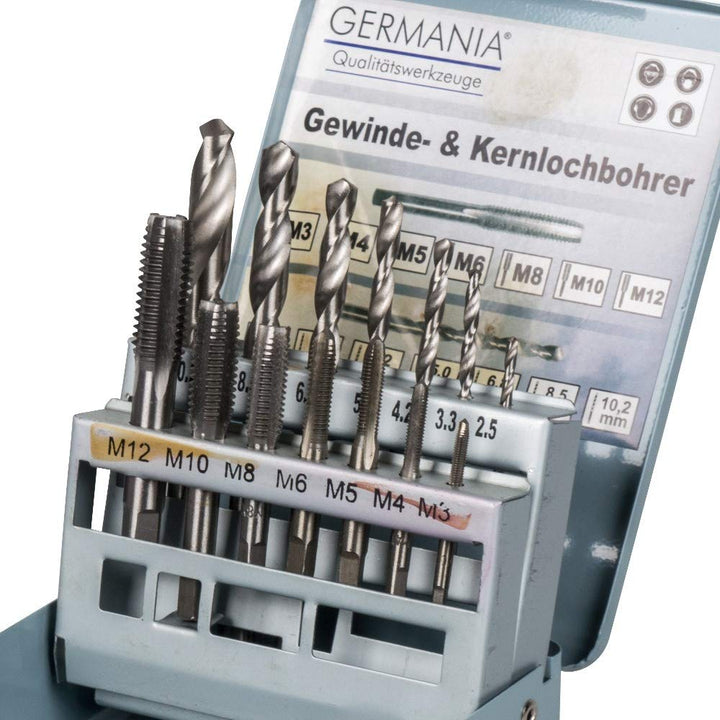 GERMANIA Gewindebohrer und Kernlochbohrer Satz 14-teilig | HSS Bohrer in Kassette