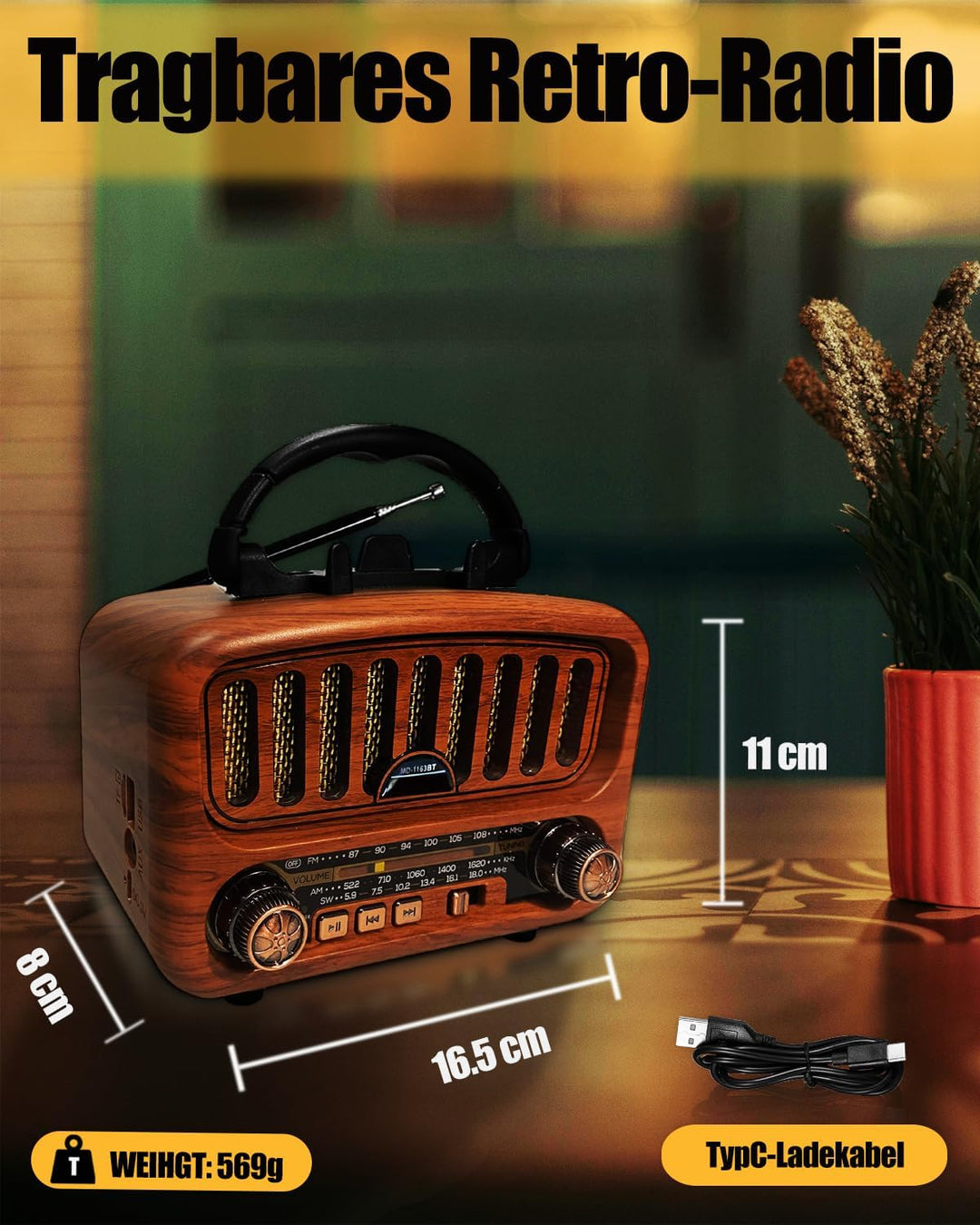 Retro Radio mit Bluetooth, AM/FM/SW Tragbares Radio Klein 5W grosser Lautsprecher und Bluetooth 5.0,