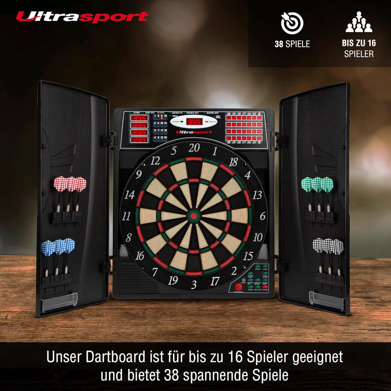 Ultrasport elektrisches Dartboard, mit und ohne Türen, Dartautomat für bis zu 16 Spieler, inklusive