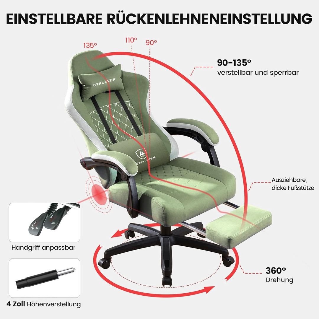 GTPLAYER Gaming Stuhl Stoff, Gaming Sessel mit Taschenfederkissen, ergonomischer Drehstuhl, Gamer St