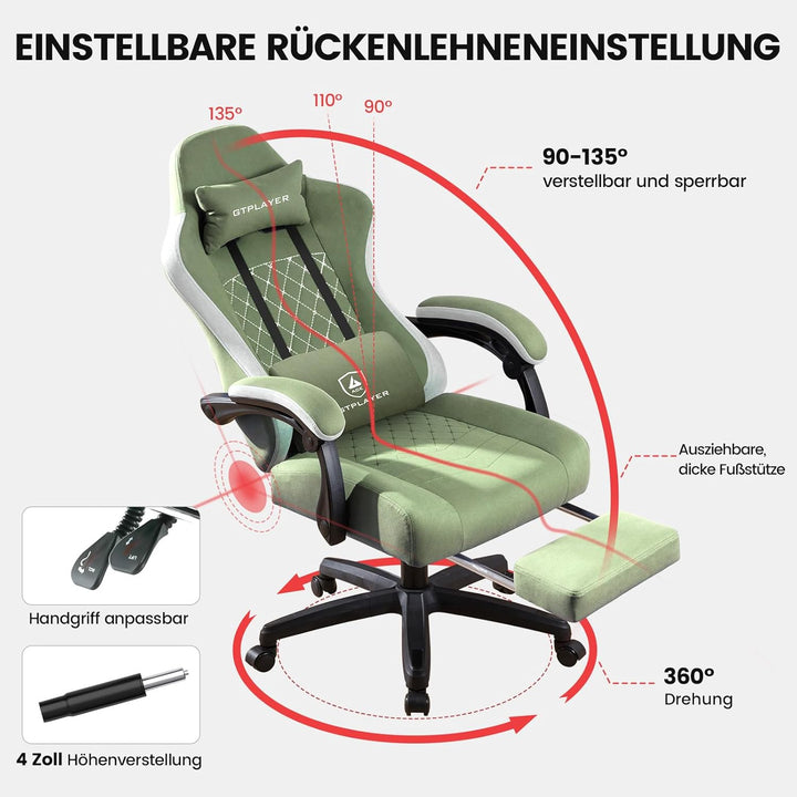GTPLAYER Gaming Stuhl Stoff, Gaming Sessel mit Taschenfederkissen, ergonomischer Drehstuhl, Gamer St