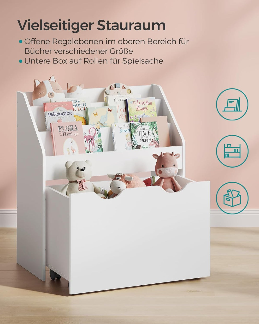 SONGMICS Bücherregal Kinder, Kinderregal, Spielzeugregal, mit 3 Regalebenen, Aufbewahrungsbox auf Ro
