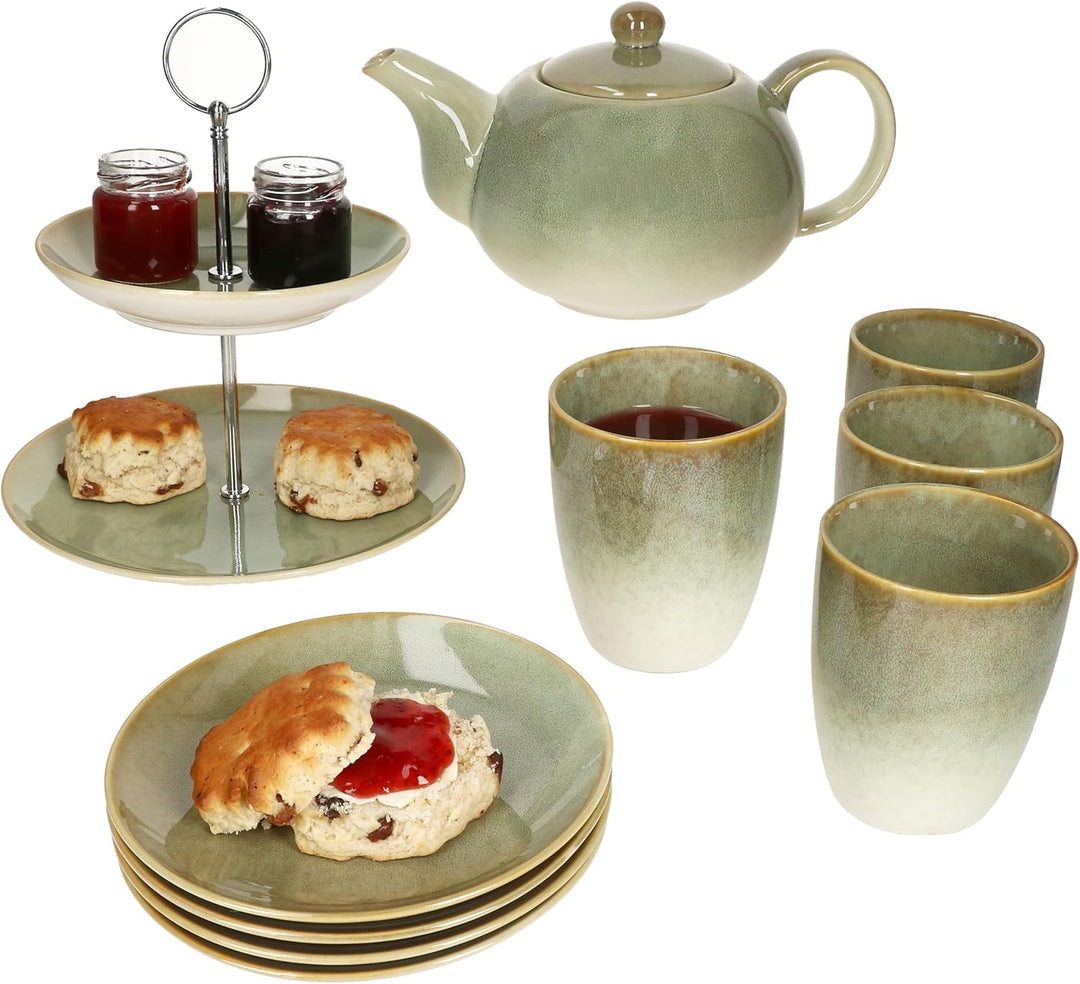 MamboCat 10tlg Teeset Scones Grün I 1x Etagere 2-stöckig, 1x Teekanne, 4X Becher & 4X Teller aus Ste
