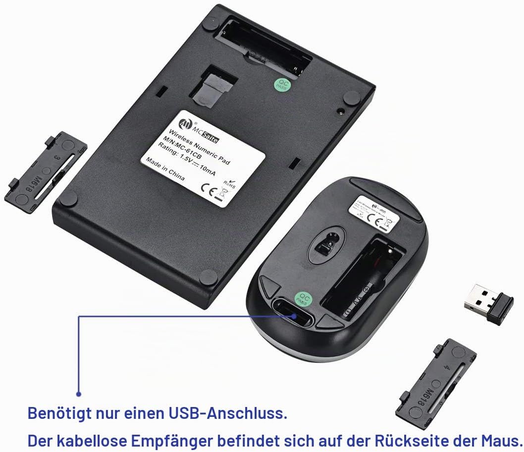 MCSaite Ziffernblock und Maus Kombination, 2,4G kabellose Mini USB Ziffernblock und Maus Kombination