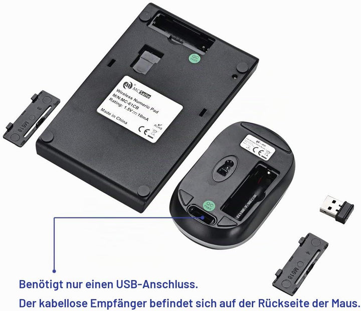 MCSaite Ziffernblock und Maus Kombination, 2,4G kabellose Mini USB Ziffernblock und Maus Kombination