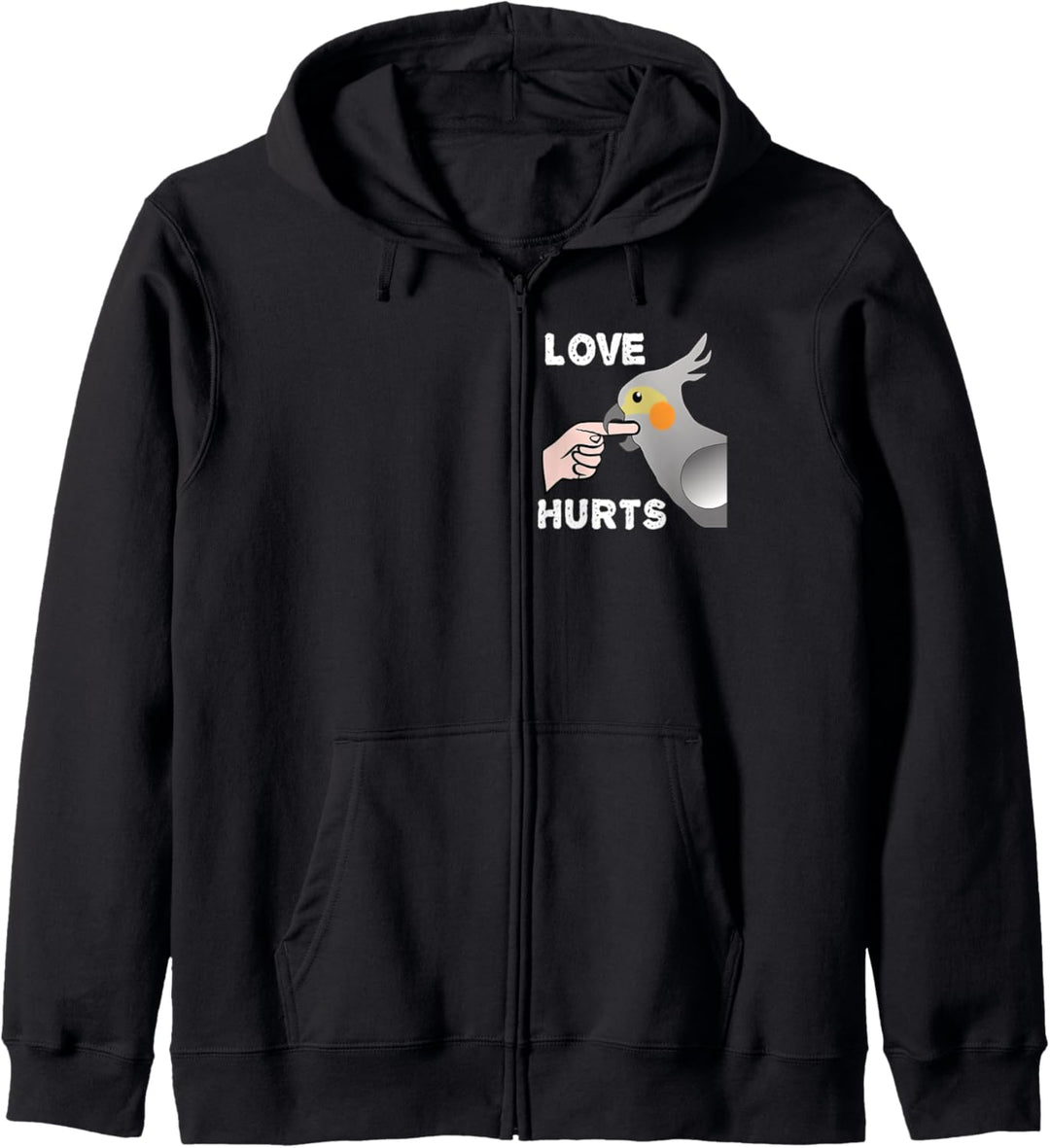 Liebe schmerzt Nymphensittich Papagei beissen Finger Kapuzenjacke