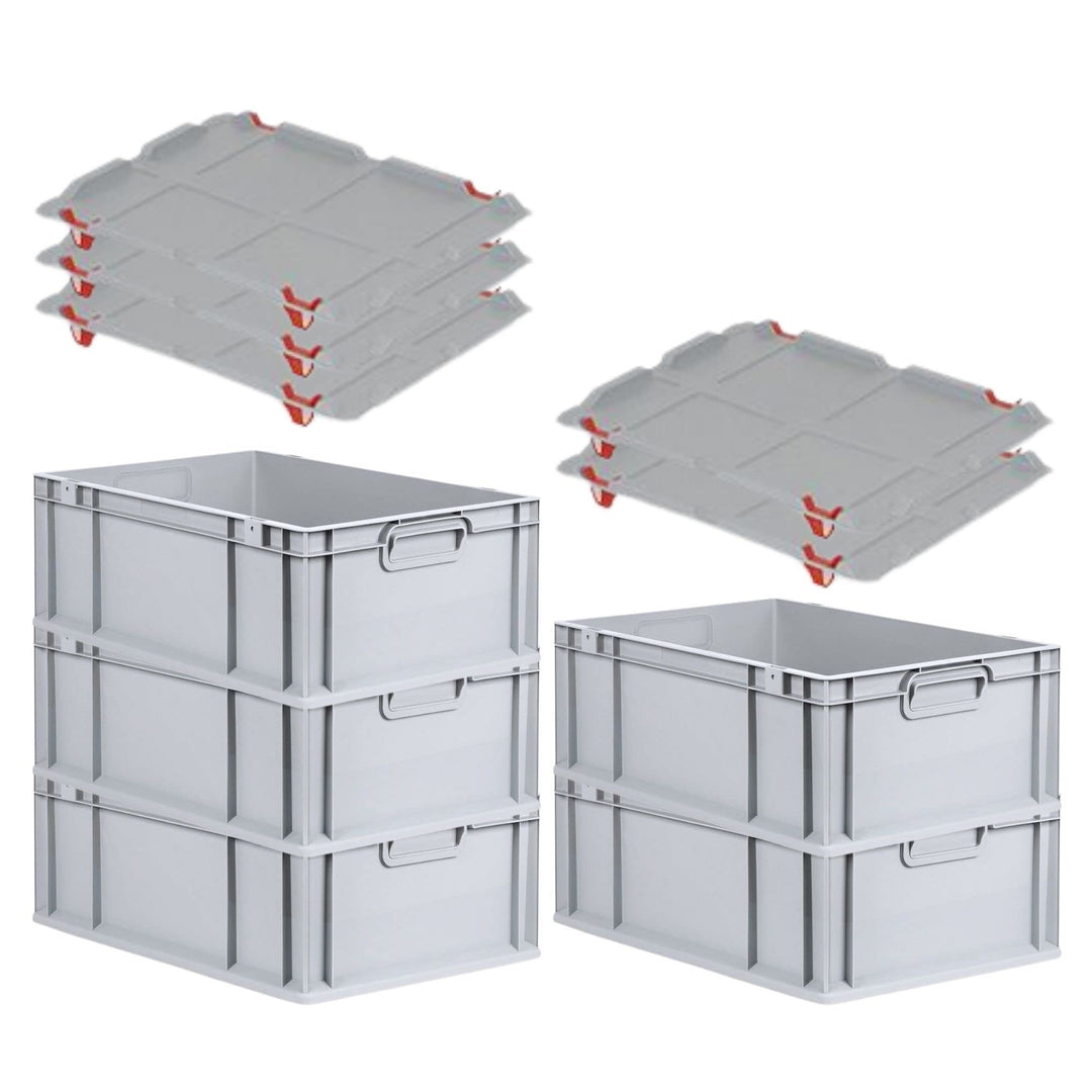PROREGAL SparSet 5x Eurobox NextGen Grip mit Auflagedeckel & 4 roten Schiebeschnappverschlüssen, HxB
