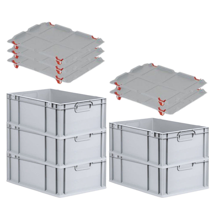 PROREGAL SparSet 5x Eurobox NextGen Grip mit Auflagedeckel & 4 roten Schiebeschnappverschlüssen, HxB