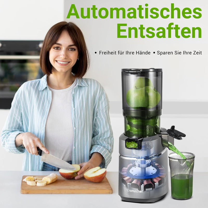 AMZCHEF 250W Automatischer All-In-One Entsafter, 135MM Öffnung und 1,8L Entsafter für Gemüse und Obs