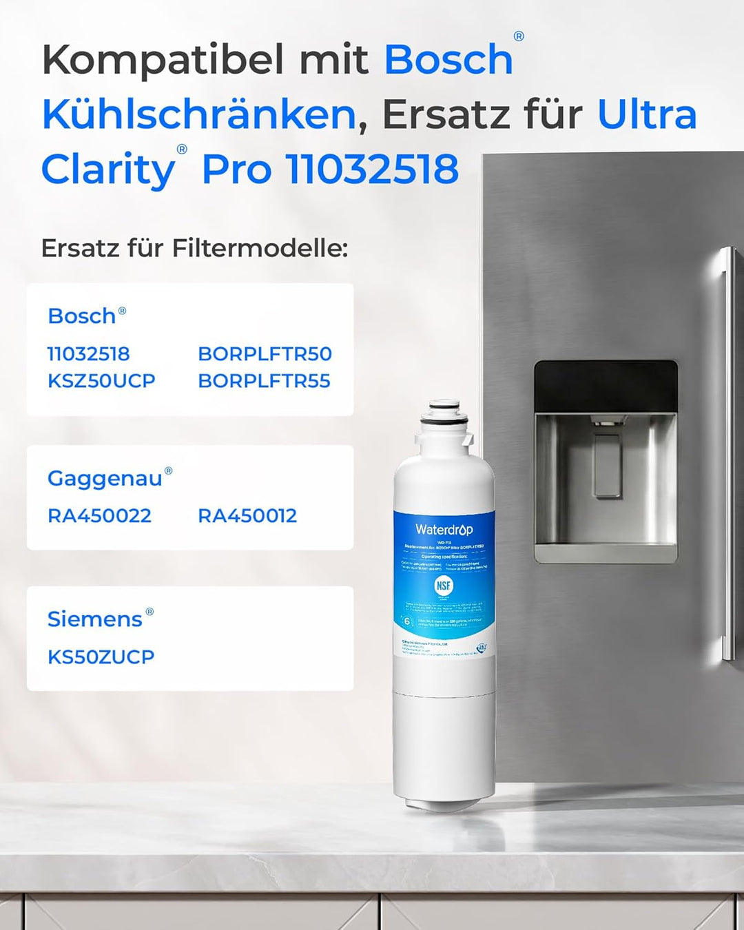 Waterdrop WD-F15 Kühlschrank Wasserfilter, Ersatz für Bosch® Ultra Clarity® Pro 11032518, KSZ50UCP,